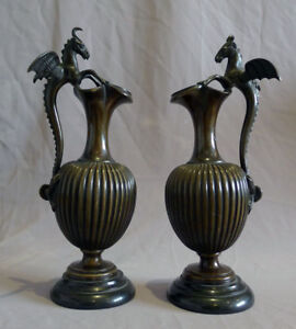 Beautiful Antique Pair Of Fine Patinated Bronze And Marble Urns Probably Italian