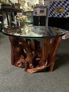 Vintage Root Wood Base Circular Glass Top Table