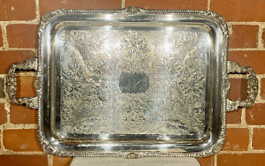 Large Vintage Silver Plate Butlers Serving Tray Footed Handled Ornate Shells