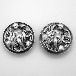 Figural Cupid Buttons Pair Antique Sterling Silver