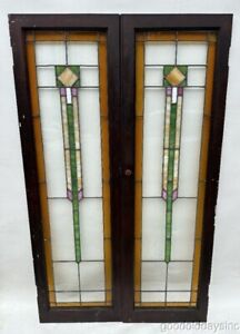 Pair Of Stained Leaded Glass Cabinet Doors Windows Circa 1915 Window 51 X 15 