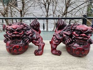 Large Crimson Lion Head Fu Dogs Resin Set