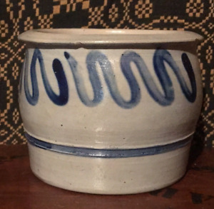 Antique Primitive Westerwald Salt Glaze Gray Blue Pottery Crock Planter Aafa
