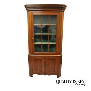 American Primitive Colonial Cherry Wood Wavy Glass Corner Cupboard China Cabinet