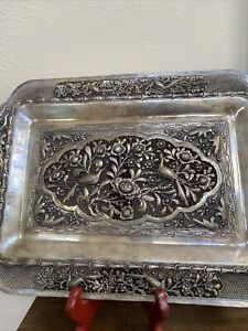 Large Very Decorative Vintage Foreign Handwrought Silver Plated Tray