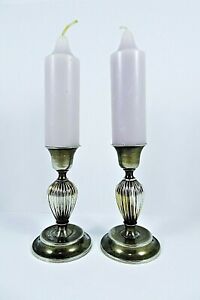 Vintage Pair Silverplate Candle Holders 5 Inch Ribbed With Lilac Peg Candles