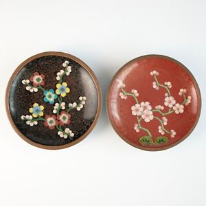Pr Vintage Antique Chinese Floral Cloisonne Small Trinket Dishes Ring Plates