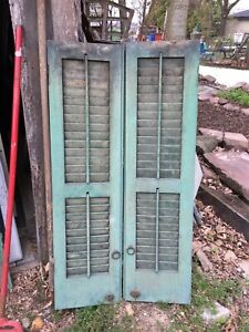 Vtg 1 Pair Old Wooden Door Shutters Architectural Green Louvered 43in X 24in