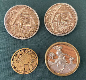 4 Antique Figural Buttons Birds Man On Camel Egyptian Revival Pharaoh Cleopatra
