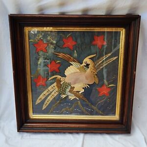 Antique Chinese Framed Silk Embroidered Birds Textile 19th Centy Qi Ing Dynasty