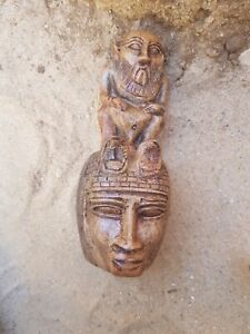 Rare Antique Ancient Egyptian Statue Head Queen 2 Snake God Bes Protection2480bc