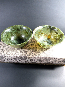 Antique Thinly Carved Pair Chinese Spinach Jade Translucent Small Bowls