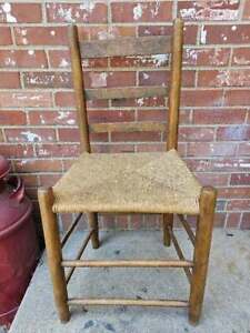 Antique Amish Shaker Chair Hickory Ladder Back Rush Woven Seat 4