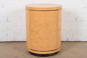 Milo Baughman Style Burl Wood Drum Side Table By Henredon