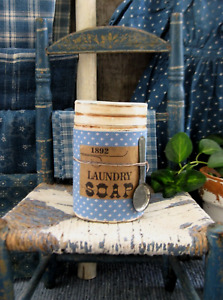 Early Antique Pantry Tin Blue Calico Laundry Soap Label W Old Tin Toy Pan
