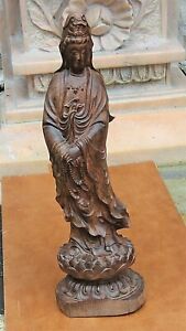Antique Chinese Zitan Wood Carved Quan Yin Standing On Lotus With Flowers 15 H
