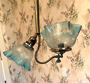One Up One Down Antique Brass Hanging Lamp Light Chandelier W Blue Shades