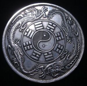 Palm Sized Huge Chinese Double Dragon Ying Yang Coin Shaped Paperweight 88mm