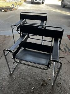 Pair Vintage Black Marcel Breuer Wassily Style Chair Leather Chrome 