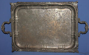 Antique Islamic Floral Silver Plated Footed Serving Tray