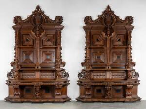 Monumental Matched Pair Italian Castle Buffets In Solid Oak Inscribed By Maker