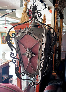 Large Antique French Style Wrought Iron Hanging Lantern 4 Amber Glass Panels