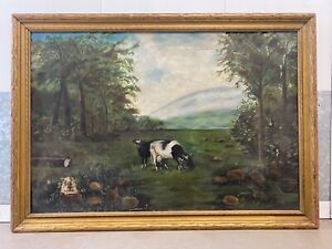  Antique Old Primitive American Southern Folk Art Cows Landscape Oil Painting