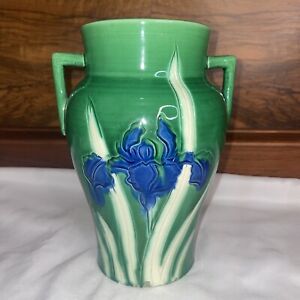 Vintage Awaji Iris Pottery Art Nouveau Style Vase Green Blue Japanese 7 1 2 In