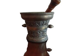 Brass Apothecary Pharmacists Mortar Wooden Pestle Medicine Greckes S F
