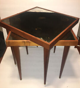2 Vtg Mid Century Modern Stacking Nesting End Side Teak Wood Tables Mirror Top