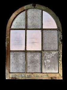Antique French Arched Window Mirror With Aged Paint Frosted Florentine 9 Panel