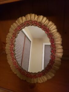 Mirror Syroco Large Vtg 18 Oval Easel Back Victorian Red Roses Gold Ribbons