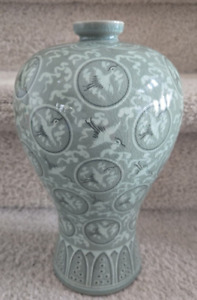 Korean Celadon Vase With Cranes And Cloud Mellowbreez 10 1 2 Tall