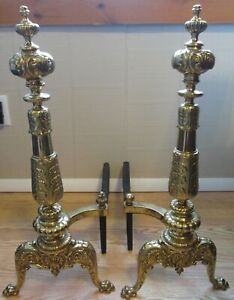 Vintage Set Of Ornate Brass Cast Iron Fireplace Andirons Fire Dogs Log Holders