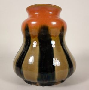 Vintage 6 Awaji Japanese Orange Black Deco Art Pottery Vase