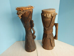 Pair Of Carved Kundu Ceremonial Drums Papua New Guinea 18 Tall