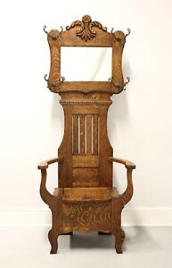 Antique Circa 1900 Victorian Period Tiger Oak Hall Tree With Chair Bench