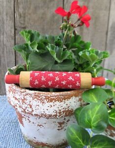 Antique Wood Toy Rolling Pin Original Red Paint Calico Sleeve