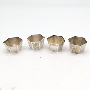 Antique Chinese Export Silver Salt Cellar Dish Cup Set Engraved 6 Sided Tai Shan