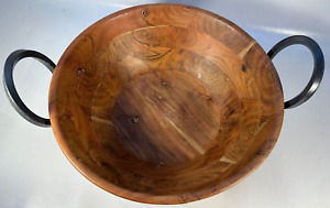Gorgeous Large Wooden Bowl Hand Made With Wrought Iron Handles Leather Tag