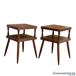 Mid Century Atomic Walnut Sculptural Tiered End Tables A Pair