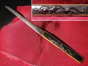 Black Shakudo Dragon Kozuka W Horimono Kogatana Edo Original Sword Antique
