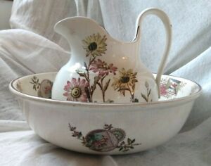 Staffordshire Aesthetic Period Wash Bowl Pitcher Painted Daisies Vignettes