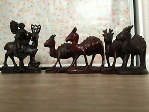 Vintage Chinese Hand Carved Wood Figure Riding Deer Set Of Five Beautiful Nice
