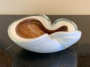 Murano Mid Century Alfredo Barbini White Gold Flecks Glass Freeform Bowl Ashtray