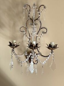 Antique Pair French Crystal Macaroni Beaded Candelabras Wall Sconce Sconces