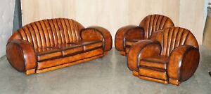 Exquisite Antique Art Deco 1920 S Restored Brown Leather Sofa Armchair Suite