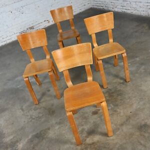 Set 4 Mcm Thonet 1216 Dining Chairs Bent Oak Plywood Saddle Seat Single Bow