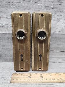 2 Vintage Art Deco Steel Skeleton Key Door Knob Back Plates Ornate Salvage