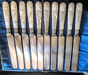 Set Of 10 Antique Silver Plate Carved Mother Of Pearl Dinner Knives
